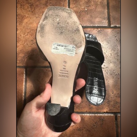 SCHUTZ Women's Posseni High Heel Slide Sandals in Black Croc Embossed - Picture 4 of 8